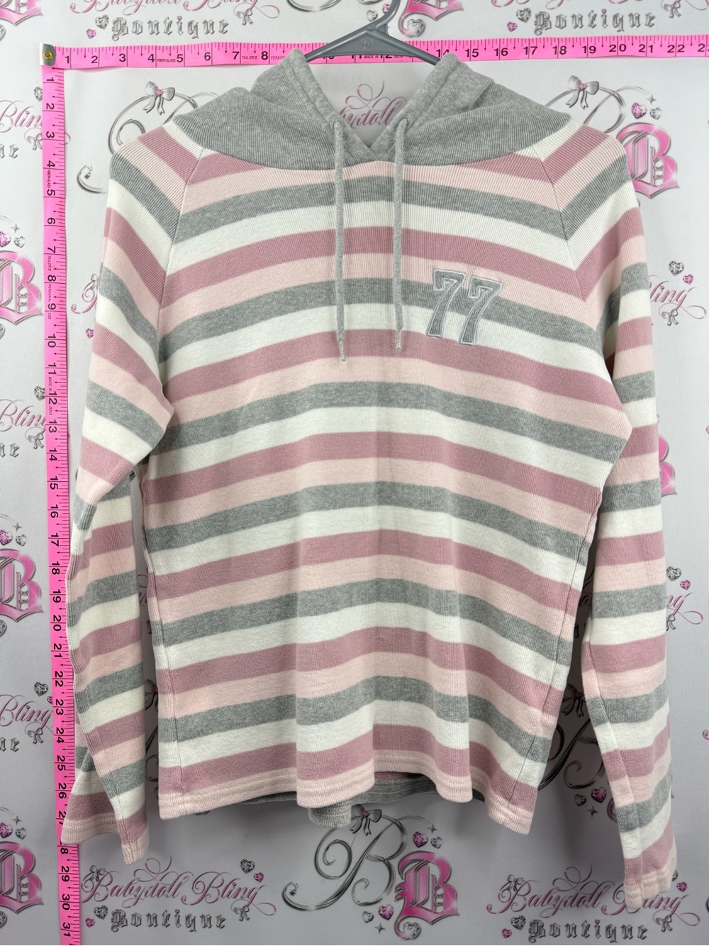 next sweater hoodie Striped Hooded Pullover in Pink, Gray & Cream